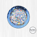 Iridescent blue glass mosaic wall art with colorful, reflective tiles arranged in an abstract pattern for home decor.