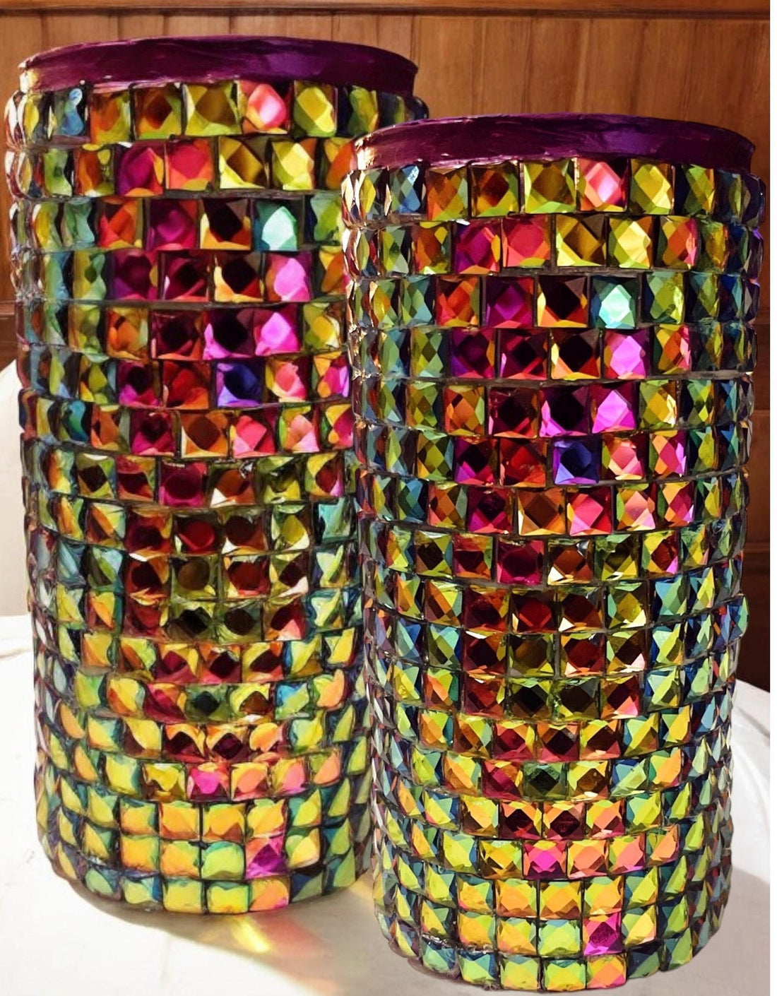Prismatic rainbow mosaic cylindrical vase with colorful glass tiles, decorative home decor by My Store