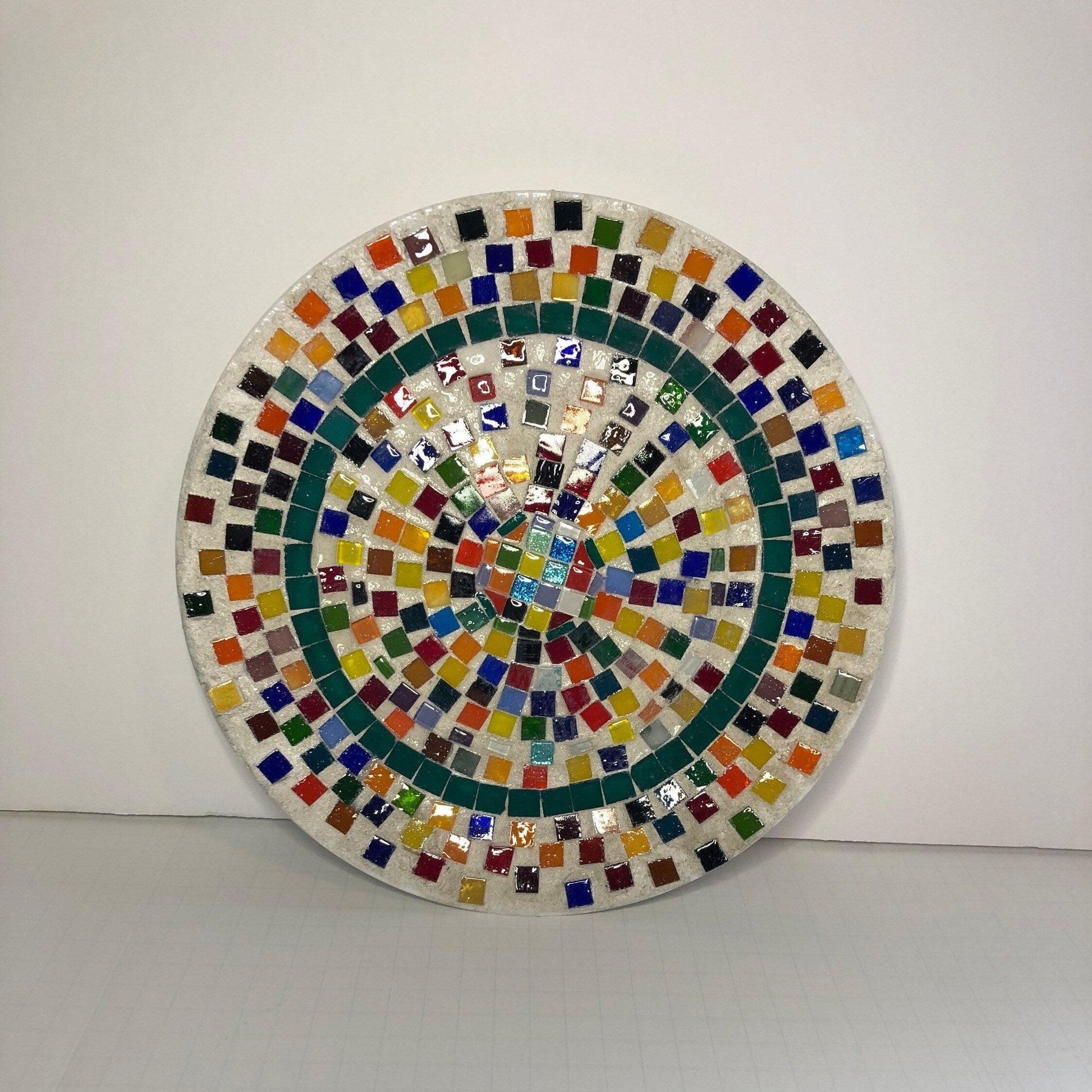 Colorful handcrafted rainbow tile decorative plate with vibrant patterns and glossy finish, perfect for home decor.