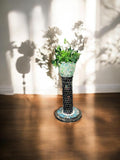 Colorful handcrafted mosaic pedestal planter with detailed tile patterns, ideal for indoor or outdoor decorative plant display.