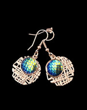 Turquoise and Silver Dangle Earrings - Elegant Fishscale Cabochon Design
