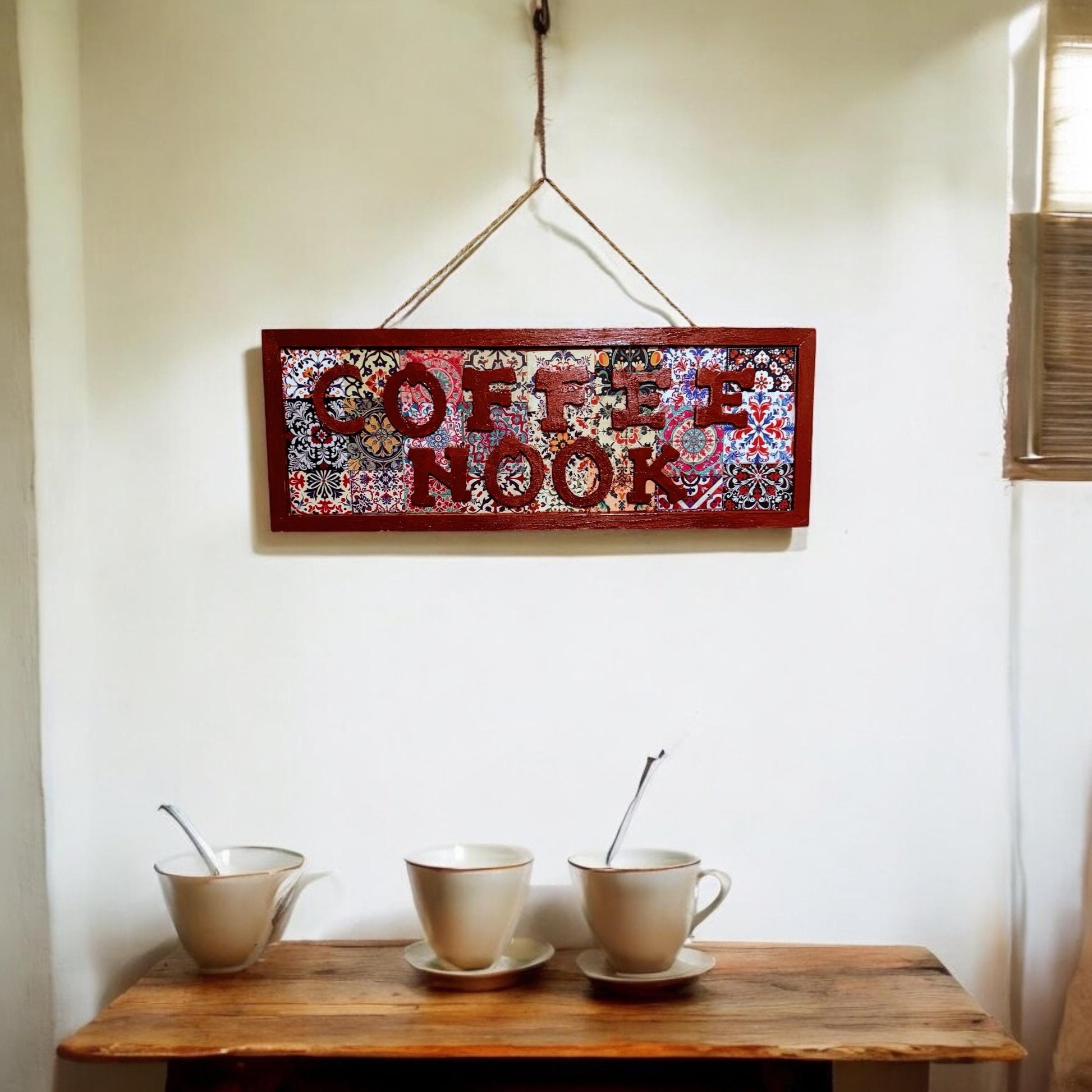 Coffee Nook sign wall hanging, home decor featuring stylish wooden design with "Coffee Nook" text for cozy kitchen or cafe decor.
