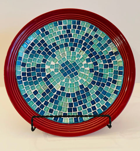 Turquoise Mosaic On Burnt Red Decorative Plate | Glass Wall Hanging