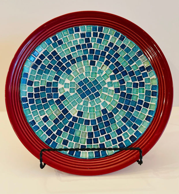 Turquoise Mosaic On Burnt Red Decorative Plate | Glass Wall Hanging