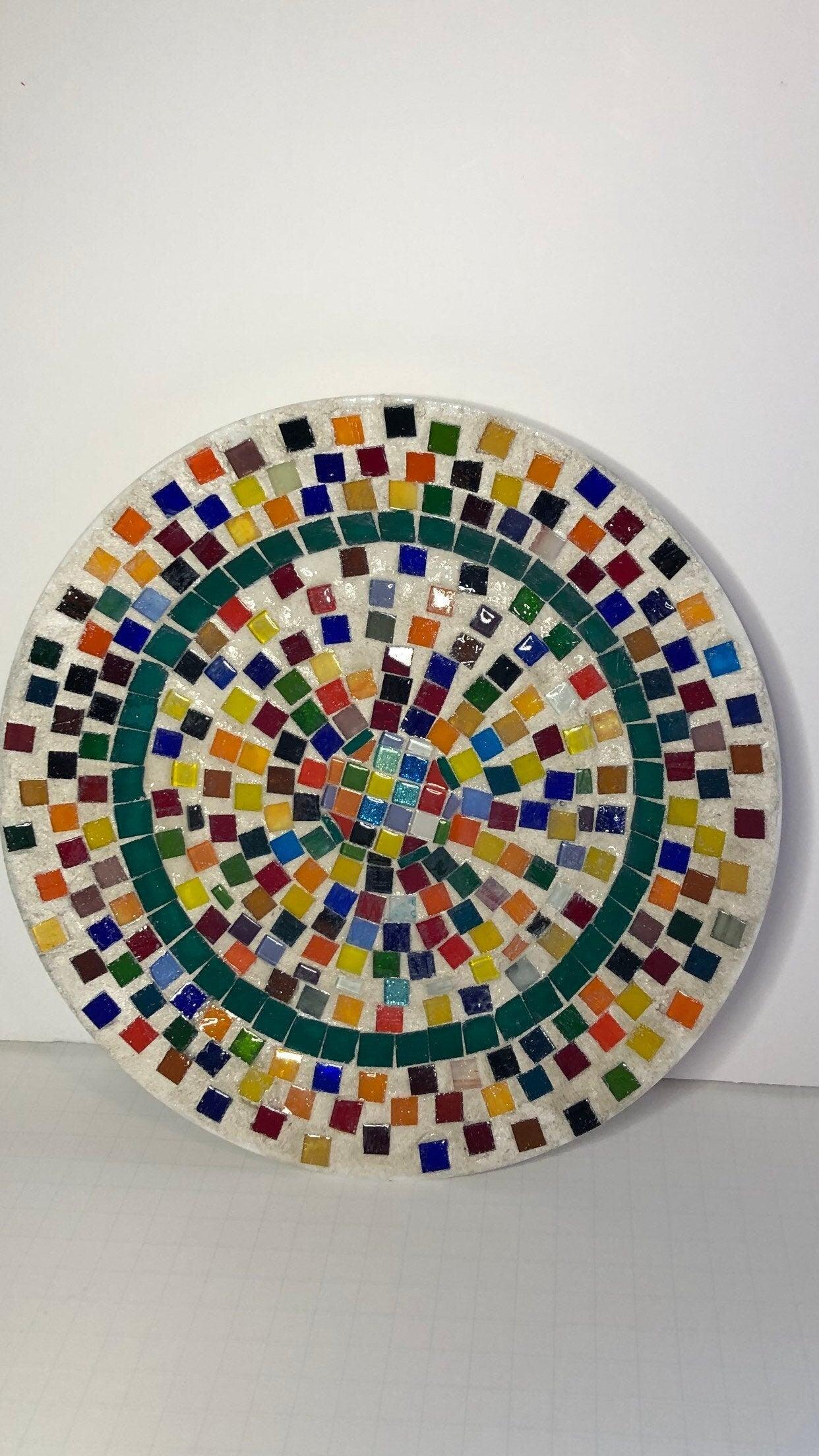 Colorful handcrafted rainbow tile decorative plate with vibrant geometric patterns, perfect for wall display or home decor.