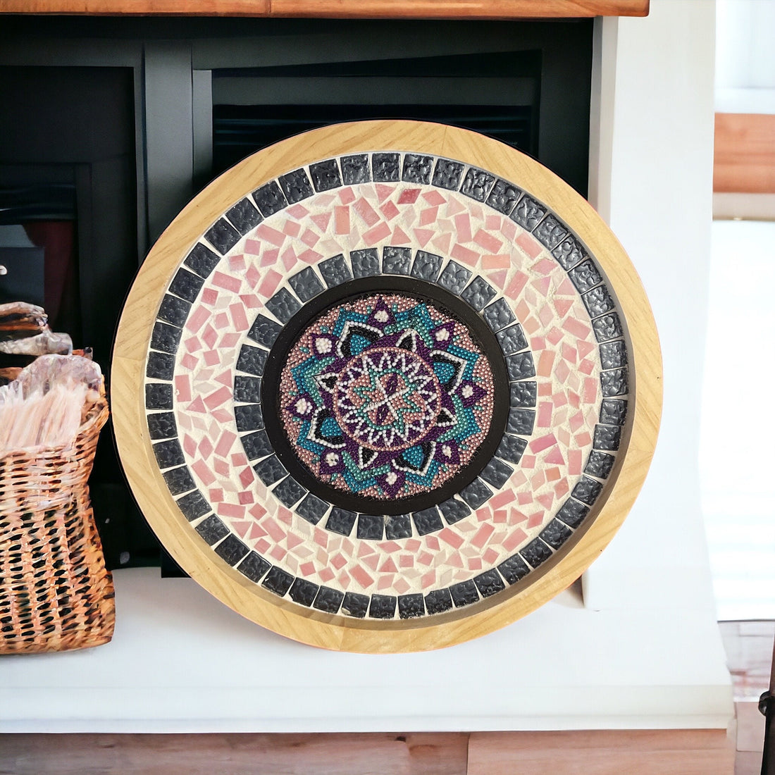 Handcrafted circular mosaic mandala wall art featuring intricate colorful patterns, ideal for home decor.