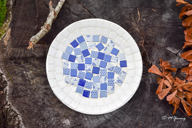 White Rimmed Mosaic Wall Decor, Blue and White Decorative Plate, Mosaic Plate