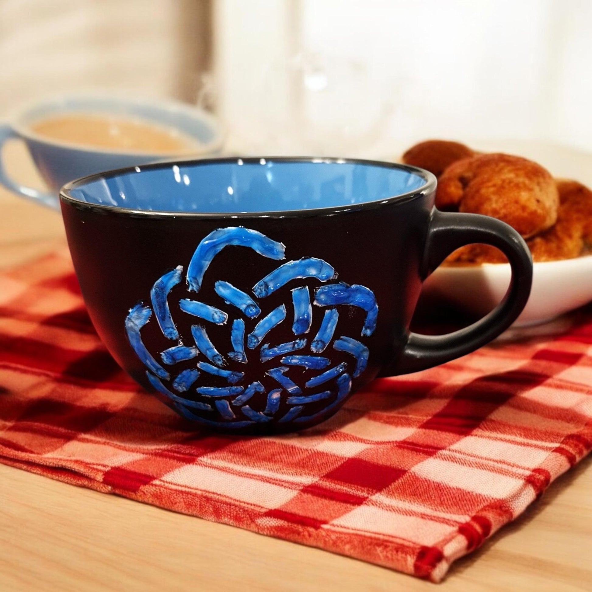 Handpainted extra large coffee mug from My Store with colorful floral design on white ceramic.