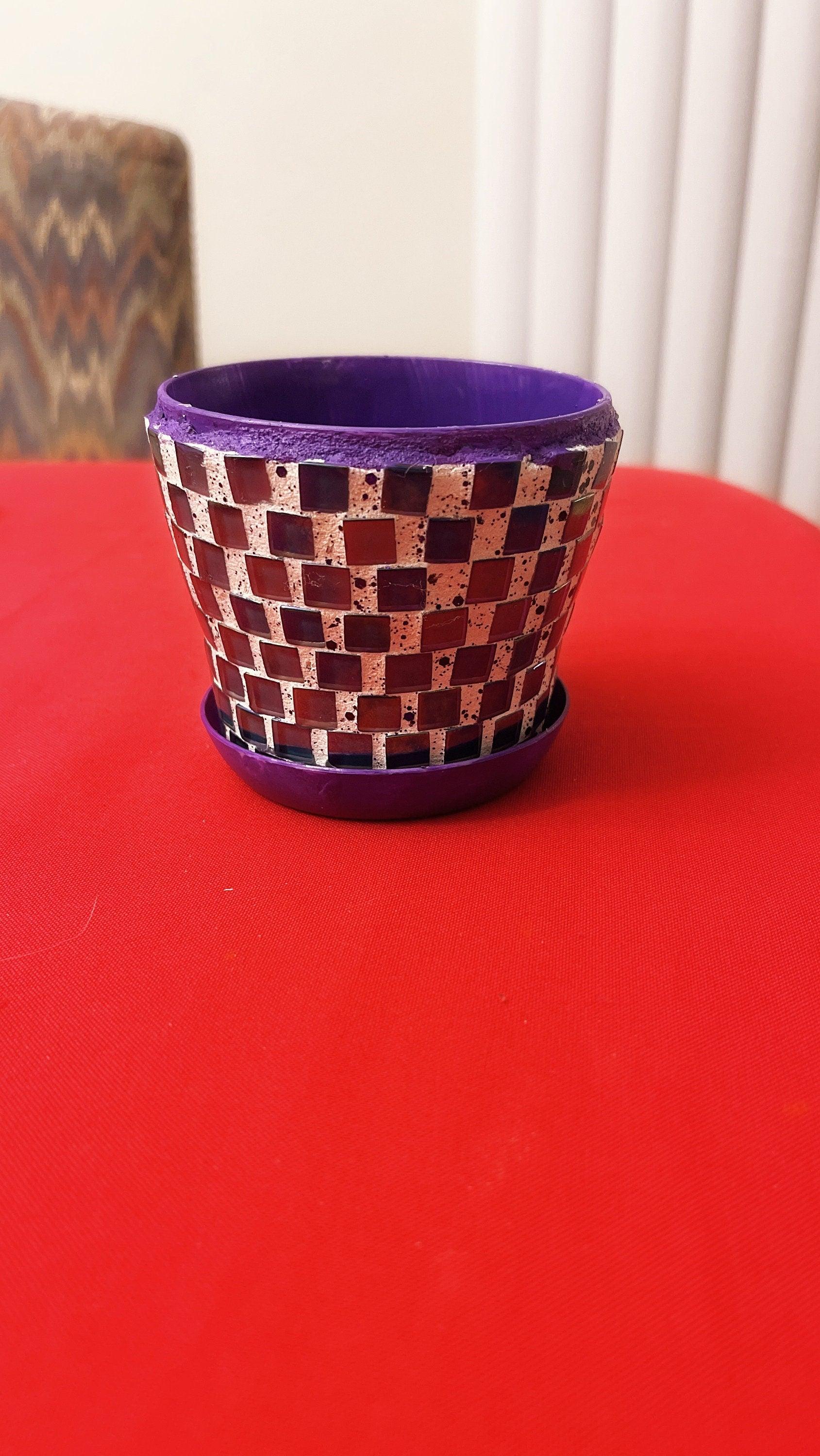 Colorful mosaic flower pot in purple and green with floral design, made by My Store, perfect for indoor or outdoor plants.