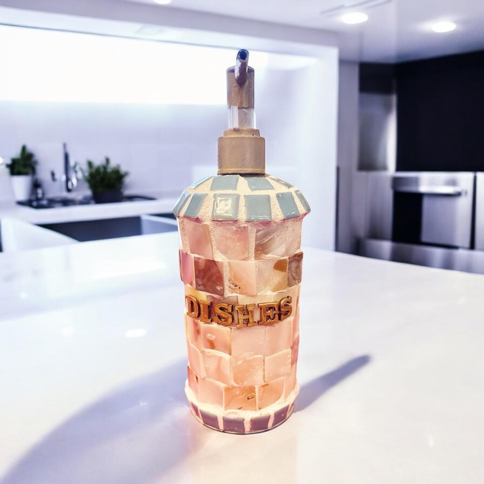 Iridescent mother of pearl mosaic soap with handmade, shimmering iridescent surface showcasing intricate mosaic design.