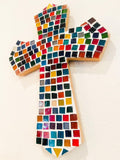 Colorful handcrafted mosaic cross with multicolor tiles, featuring intricate design and detailed craftsmanship.