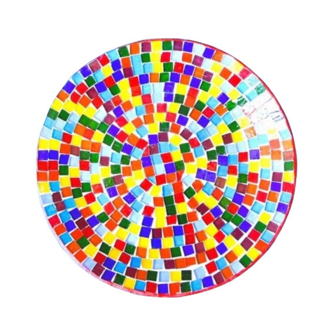 Colorful handcrafted rainbow mosaic stepping stone with intricate tile patterns, perfect for garden pathways or outdoor décor.