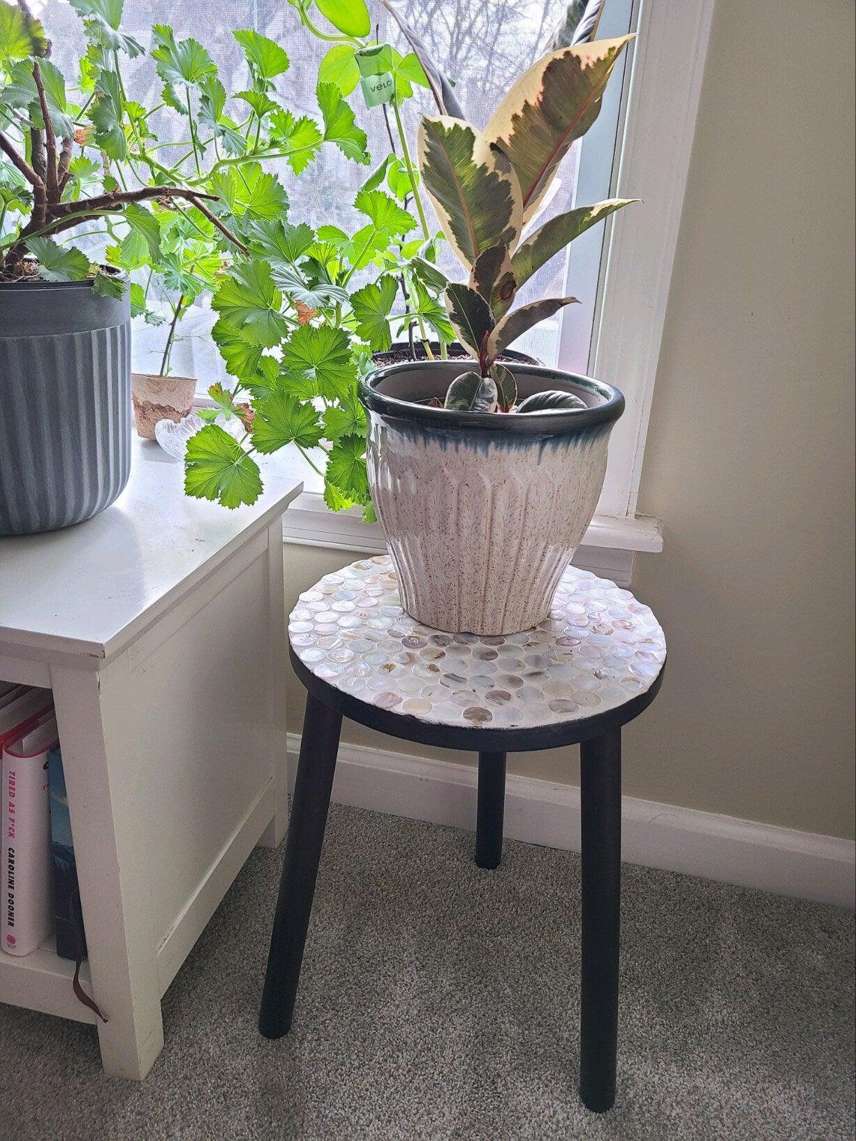 Tall Capiz shell mosaic plant stand with circular top and decorative base, showcasing a stylish modern design.