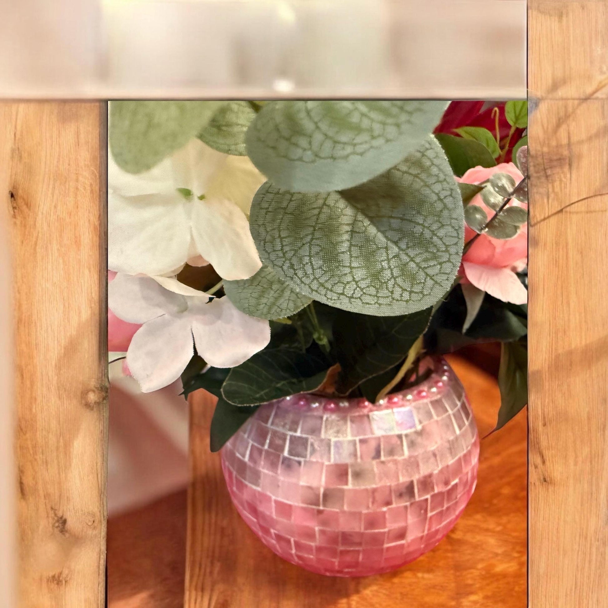 Blush rose mosaic globe vase with intricate glass pattern, perfect for floral arrangements or decorative displays.