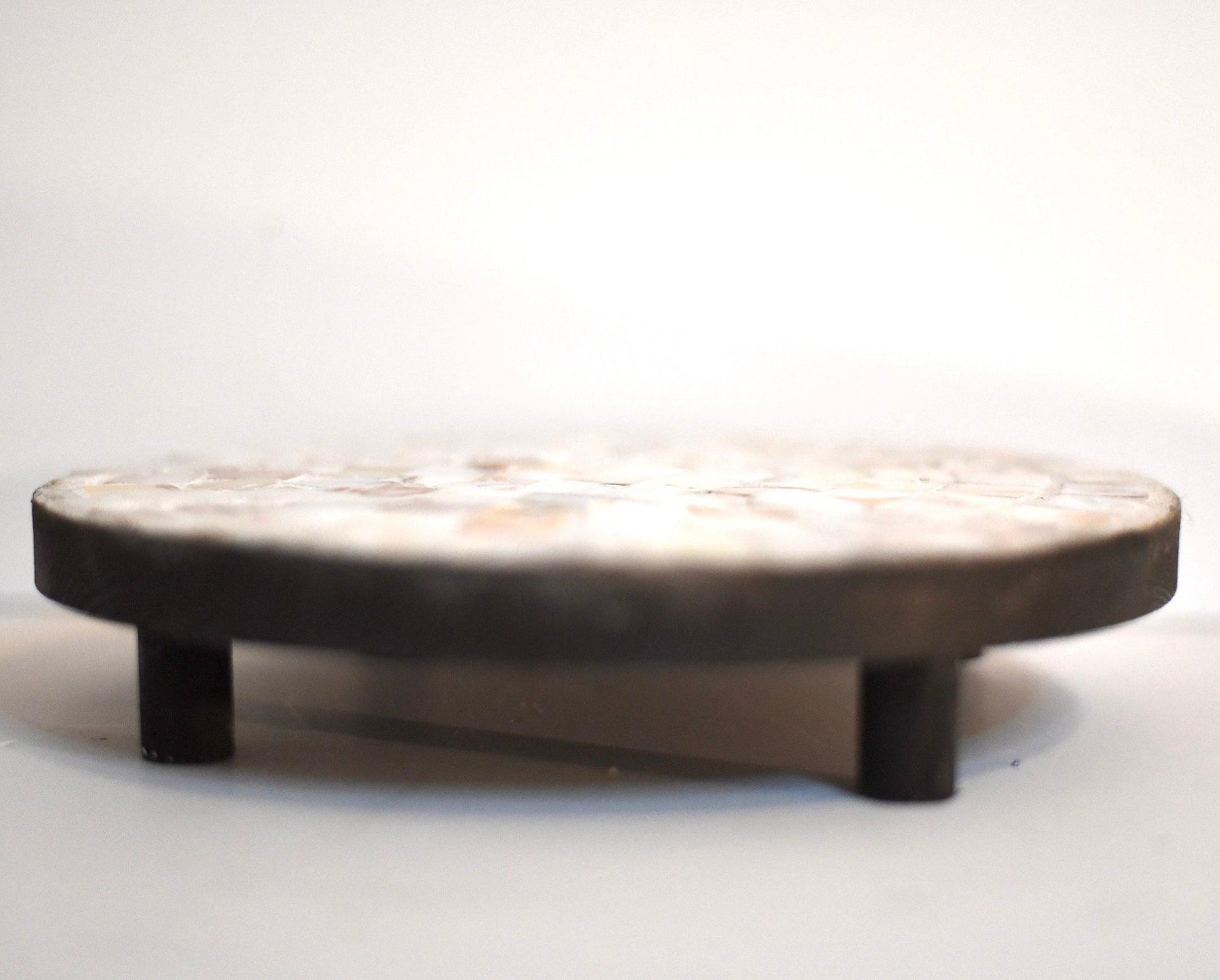 Handmade mother of pearl "Penny" mosaic decorative stand with intricate pattern, crafted by Miss Bette's Creations