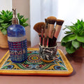 Handcrafted diamond art bamboo serving tray with intricate design, featuring a natural bamboo finish and sturdy handles.
