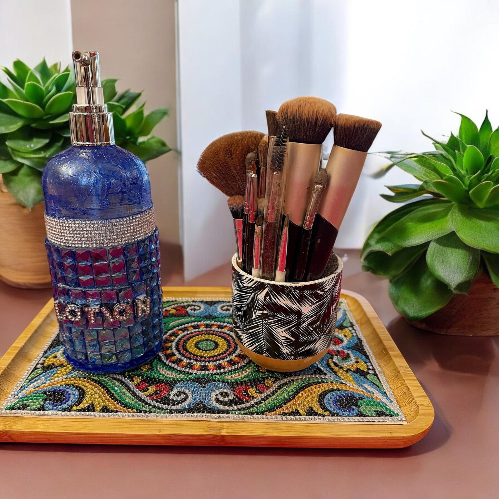 Handcrafted diamond art bamboo serving tray with intricate design, featuring a natural bamboo finish and sturdy handles.