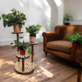 Handcrafted 3-tier mosaic plant stand with colorful tiled shelves for indoor and outdoor plants.
