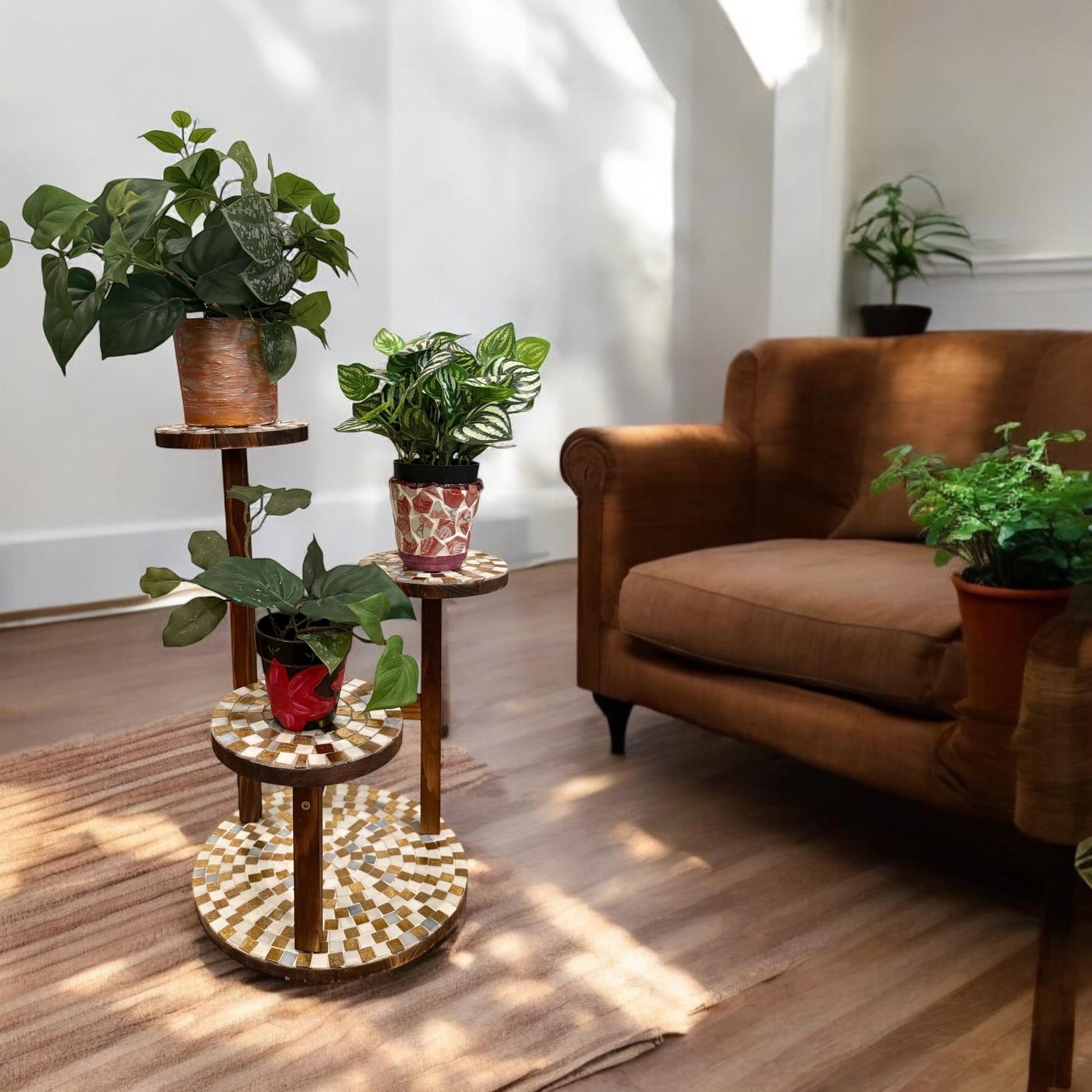 Handcrafted 3-tier mosaic plant stand with colorful tiled shelves for indoor and outdoor plants.