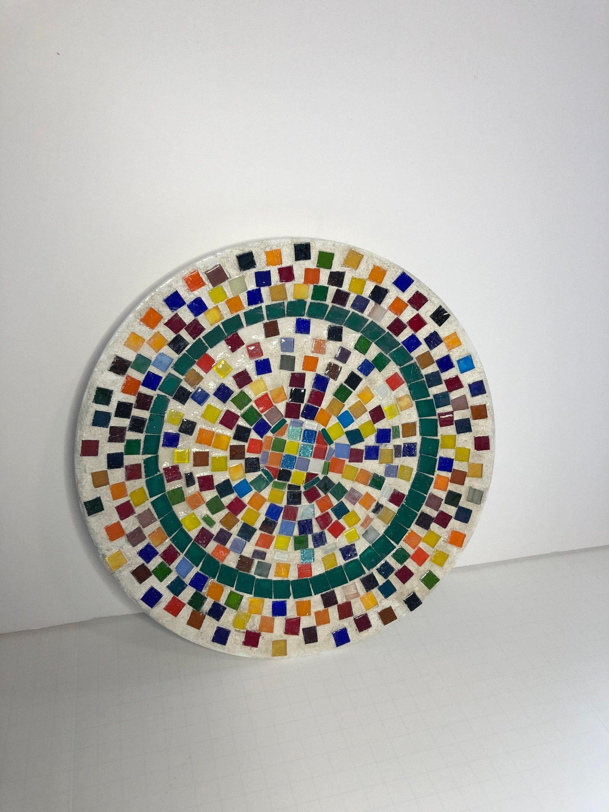 Colorful handcrafted rainbow tile decorative plate with vibrant geometric patterns, perfect for wall display or accent decor.