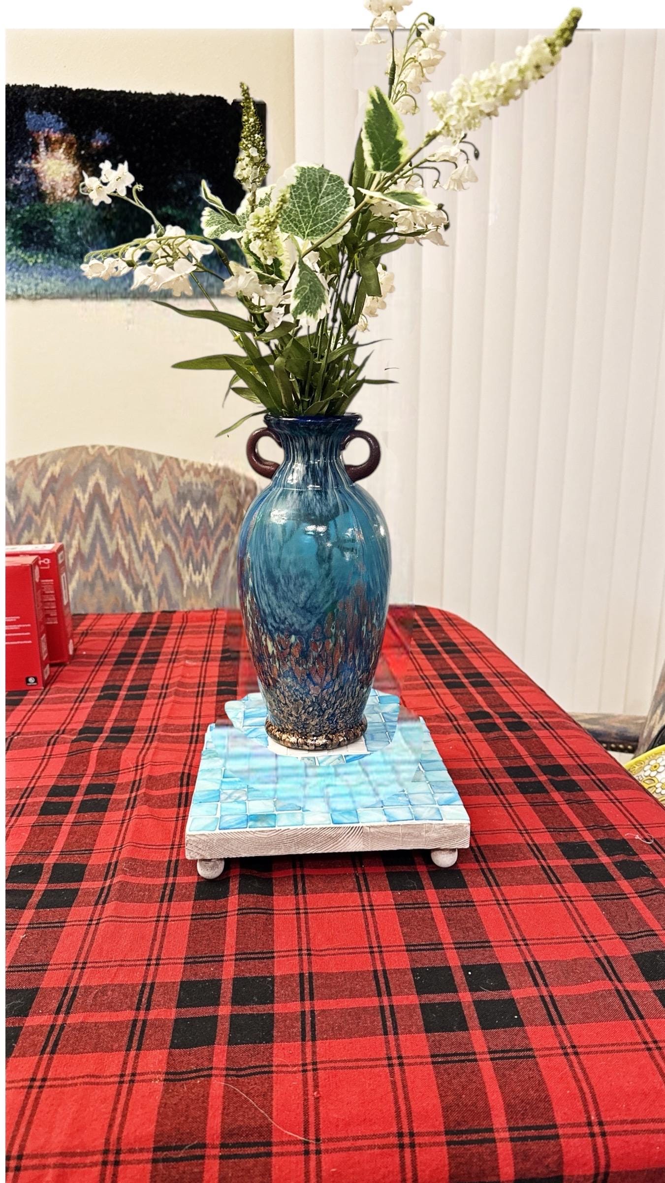 Handcrafted square plant stand with turquoise mother of pearl inlay, showcasing detailed craftsmanship and elegant design.
