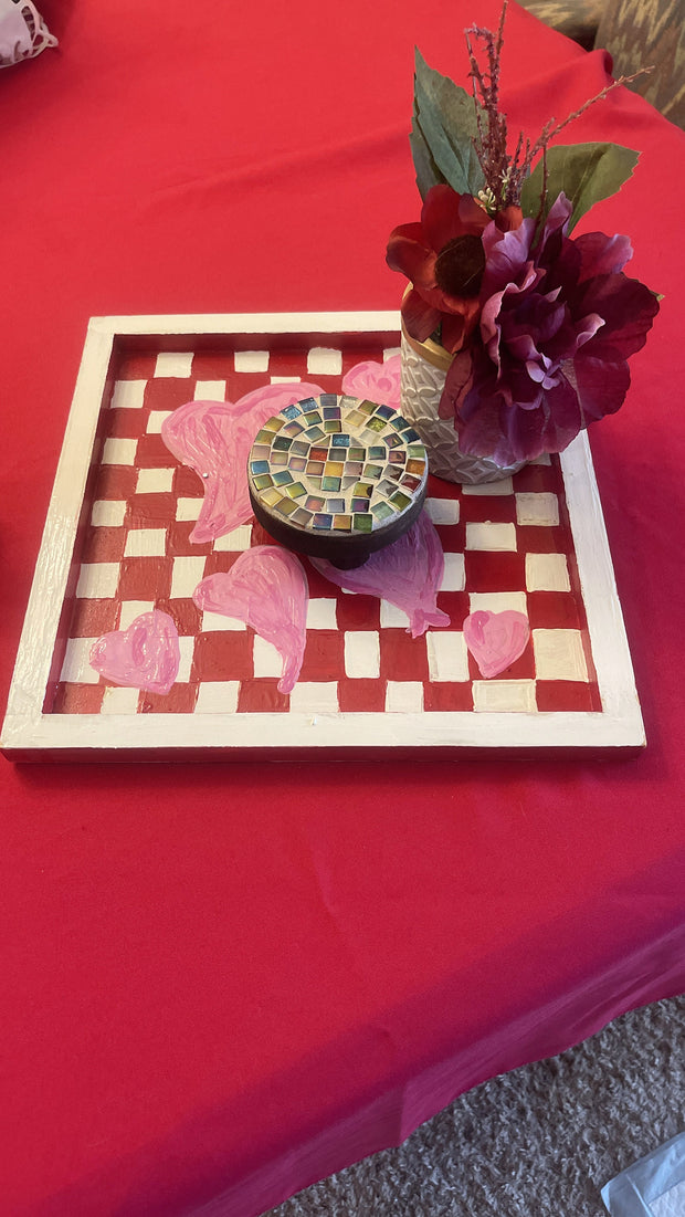 Hand painted Hearts Wooden Checkerboard Coffee Table Tray