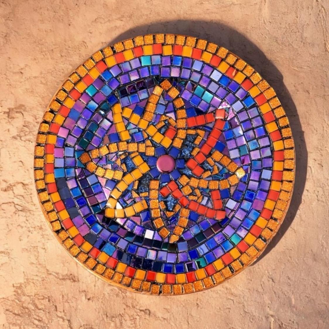 Colorful mid-century modern mosaic decorative plate with geometric patterns, crafted for stylish home decor.
