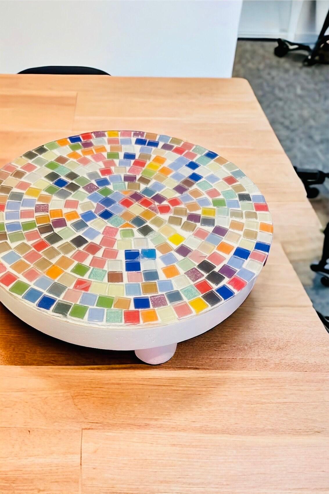White rainbow mosaic plant stand with handcrafted design, featuring colorful mosaic tiles and sturdy metal legs for indoor plants.