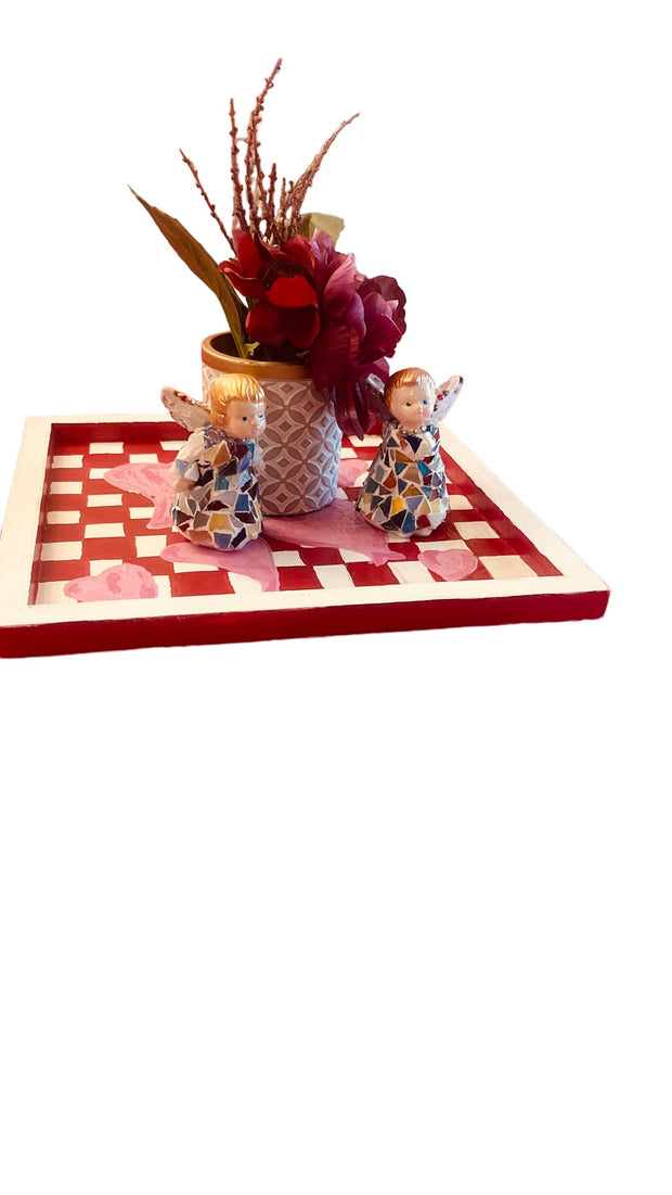 Hand painted Hearts Wooden Checkerboard Coffee Table Tray