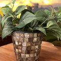 Mocha and cream mosaic mother of pearl planter with intricate pattern, handcrafted by Miss Bette's Creations.