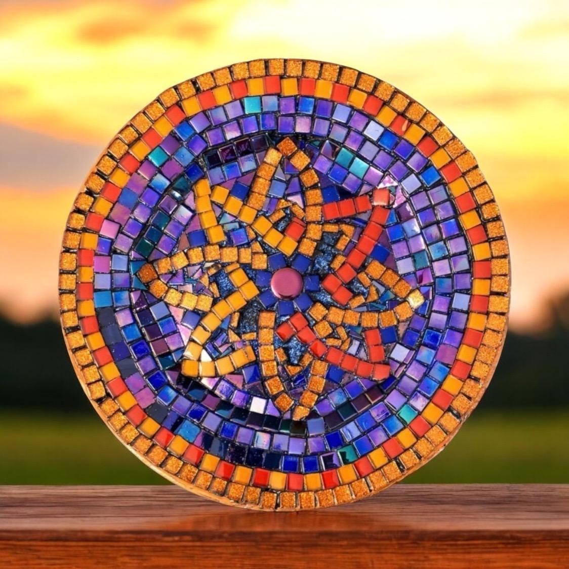 Colorful mid-century modern mosaic decorative plate with intricate geometric patterns, ideal for wall decor or display.