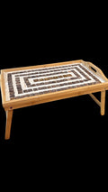 Rustic bamboo bed tray with stone mosaic inlay, natural wood finish, perfect for breakfast or serving in a cozy bedroom setting.