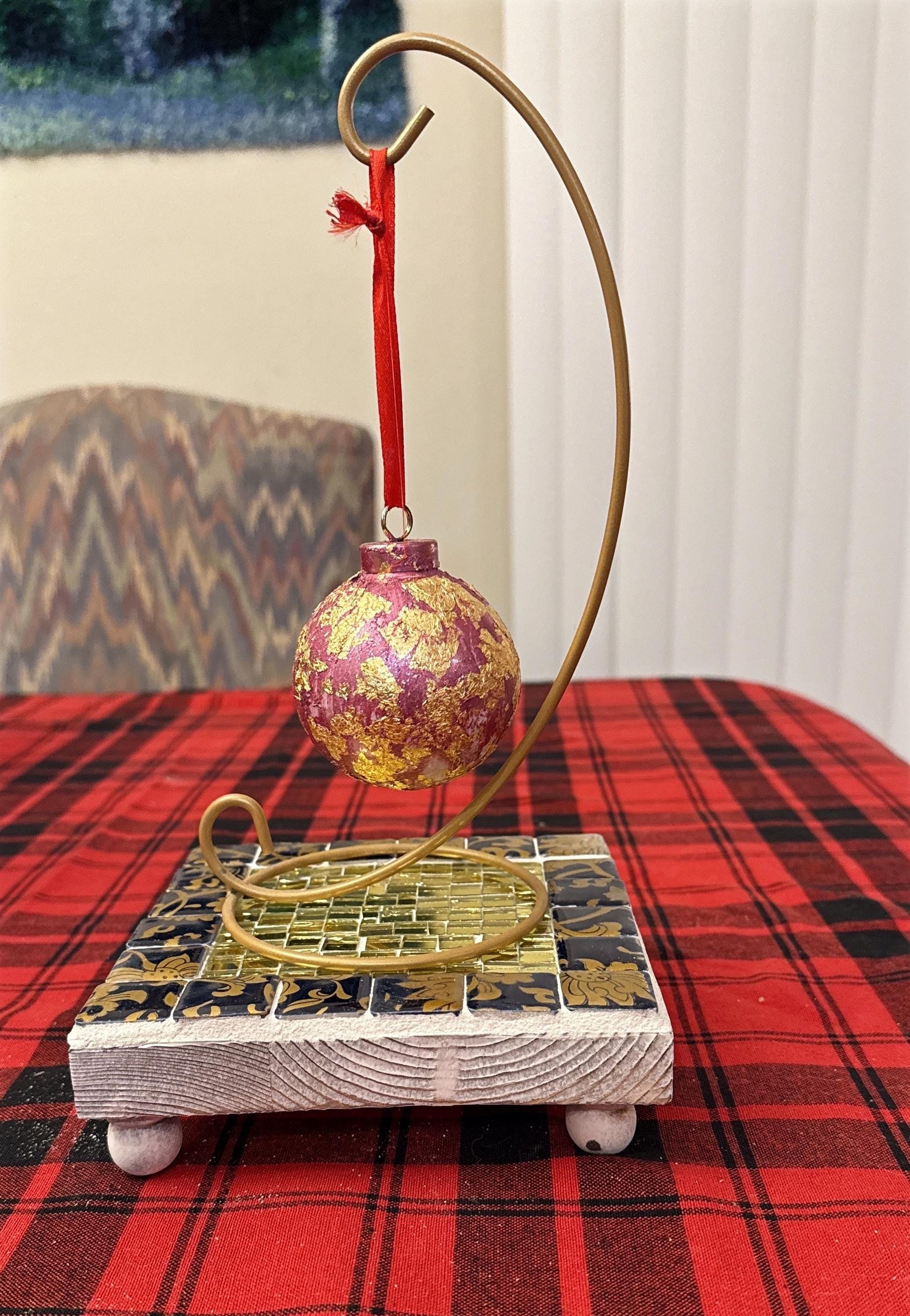 Gold and floral mosaic plant stand set by Miss Bette's Creations, featuring decorative stands with intricate mosaic floral designs.