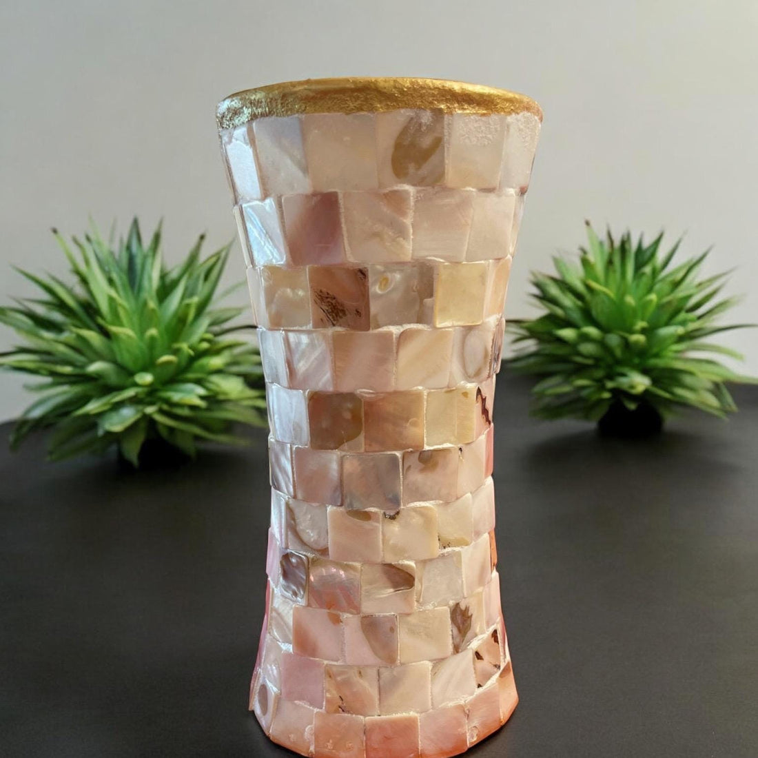 Elegant mother of pearl mosaic flower vase with floral design, featuring intricate mosaic pattern and glossy finish.
