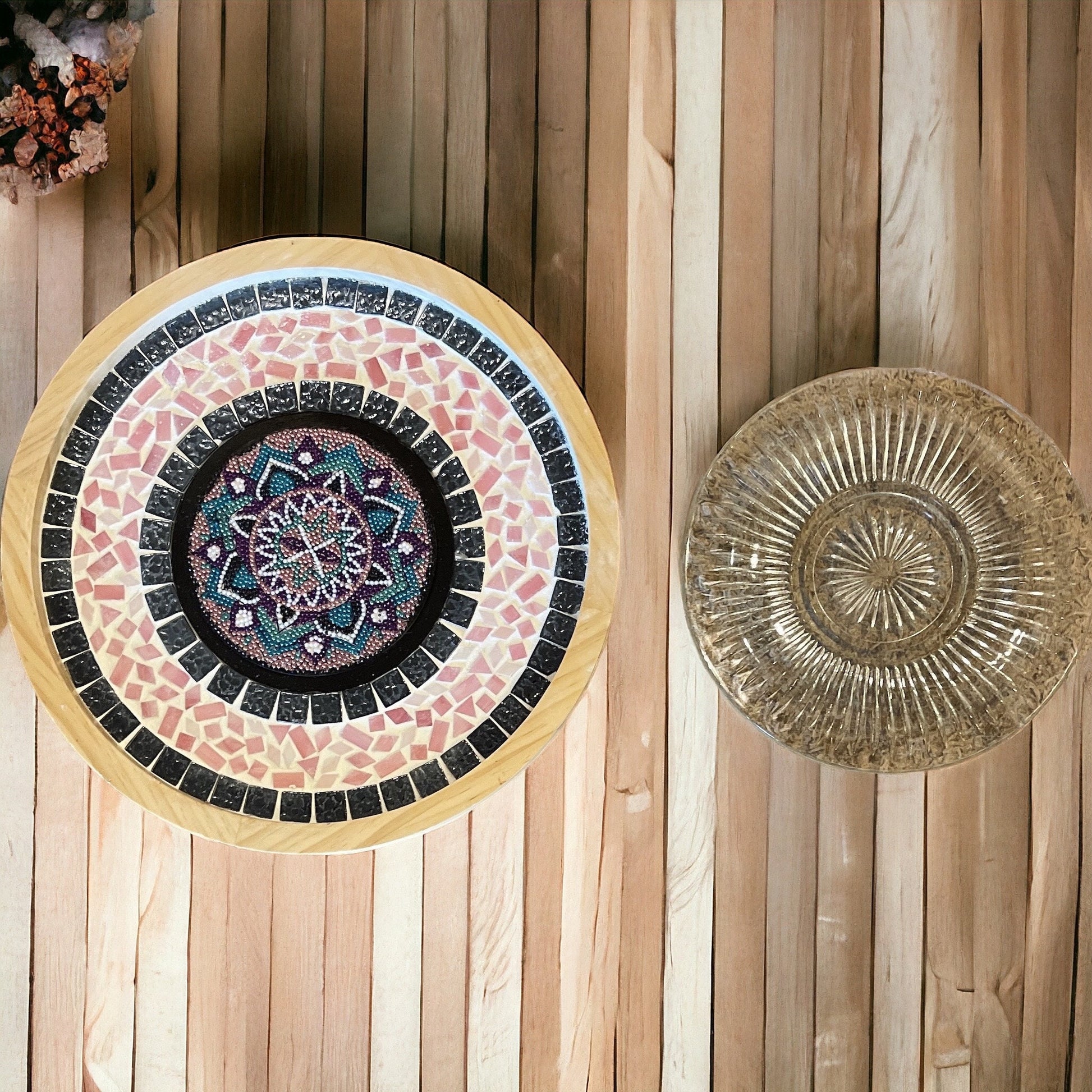 Handcrafted circular mosaic mandala wall art with vibrant colors and intricate patterns, ideal for decorative wall display.