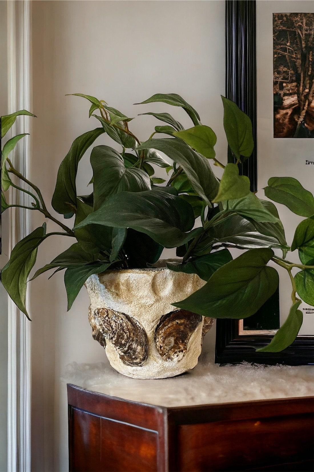 Handcrafted oyster shell relief planter with textured shell design, ideal for decorative indoor or outdoor plant display.