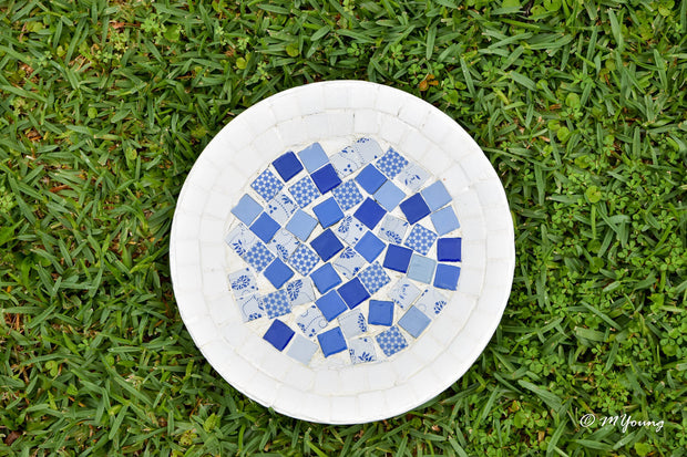 White Rimmed Mosaic Wall Decor, Blue and White Decorative Plate, Mosaic Plate
