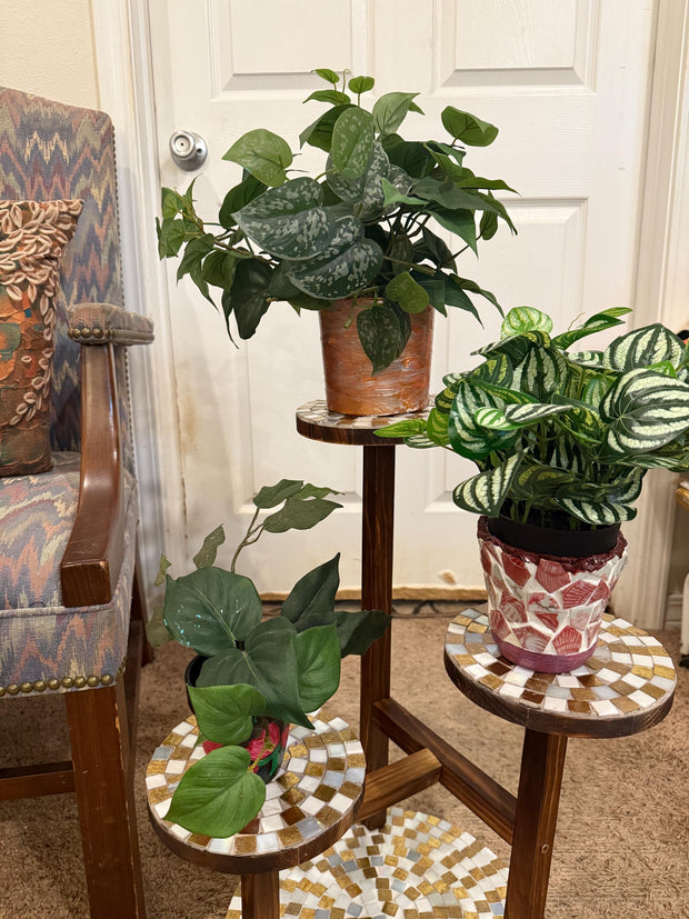 Three Tier Gold Plant Stand | Mosaic Stand | Mosaic Display Stand | Gold and White Stand| Tall Plant Shelf | Multi Plant Stand