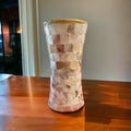 Golden Sand Mother of Pearl hourglass vase with a glossy finish, showcasing elegant, natural-toned design and intricate pearl details.