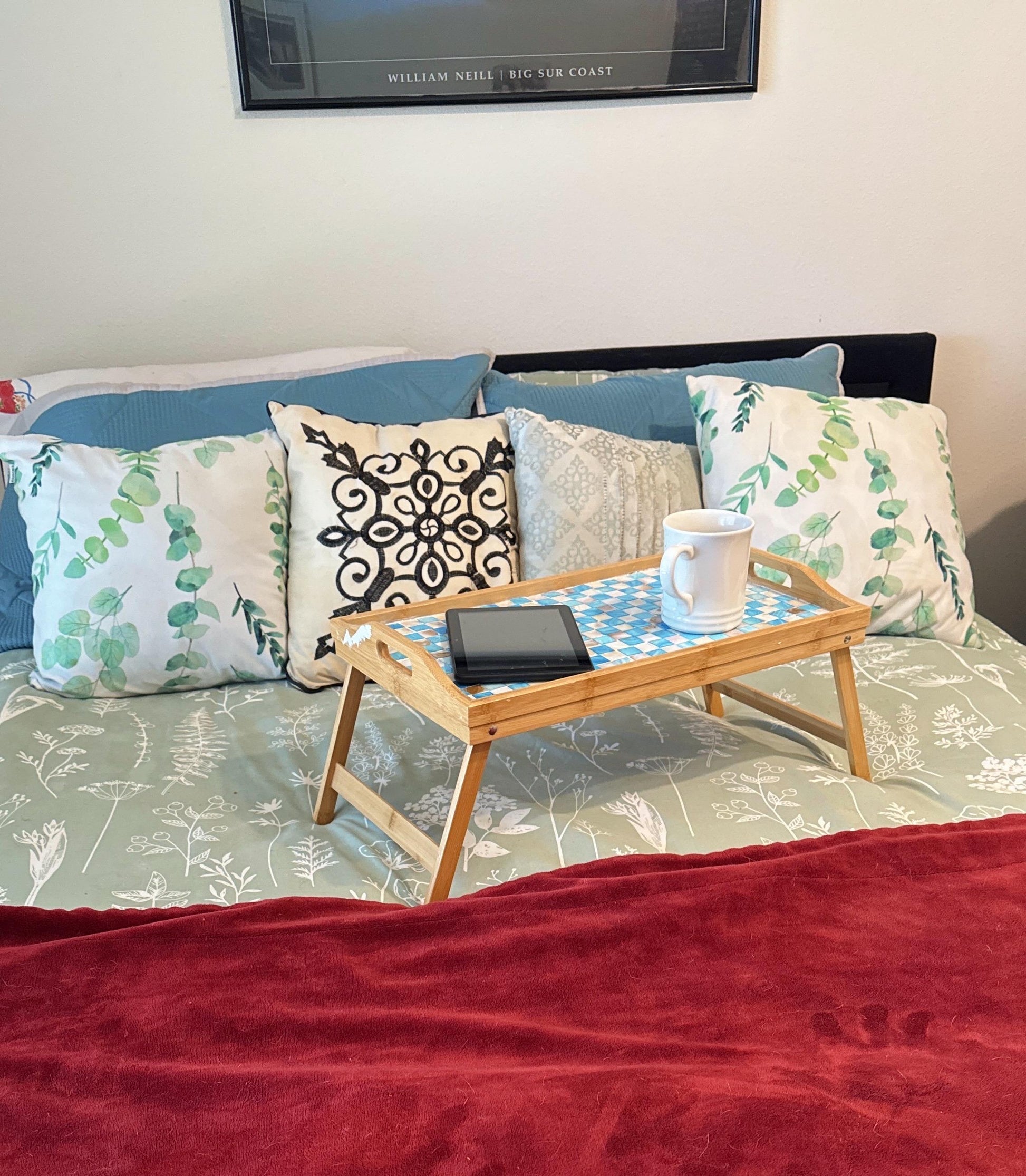Luxury bamboo bed tray with mosaic inlay, featuring handles and decorative design, perfect for breakfast or serving in bed.