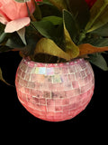 Artisan mauve mosaic globe vase with intricate tile pattern, handcrafted by Miss Bette's Creations.