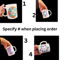 Colorful handpainted coffee mugs with intricate designs, crafted by My Store, displayed on a wooden table.