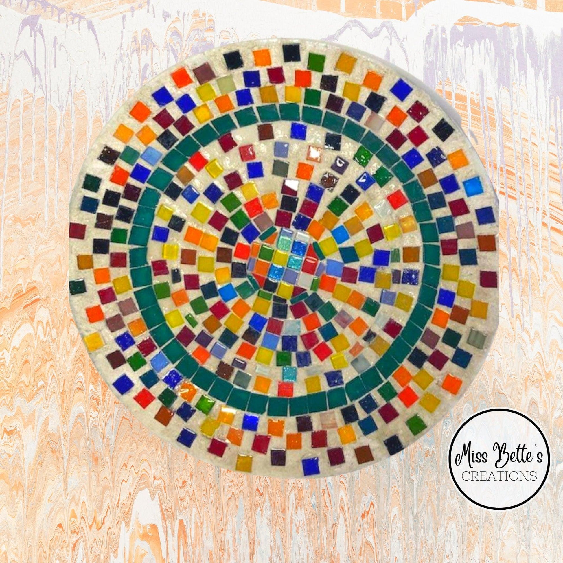 Colorful handcrafted rainbow tile decorative plate with vibrant geometric patterns and glossy finish.