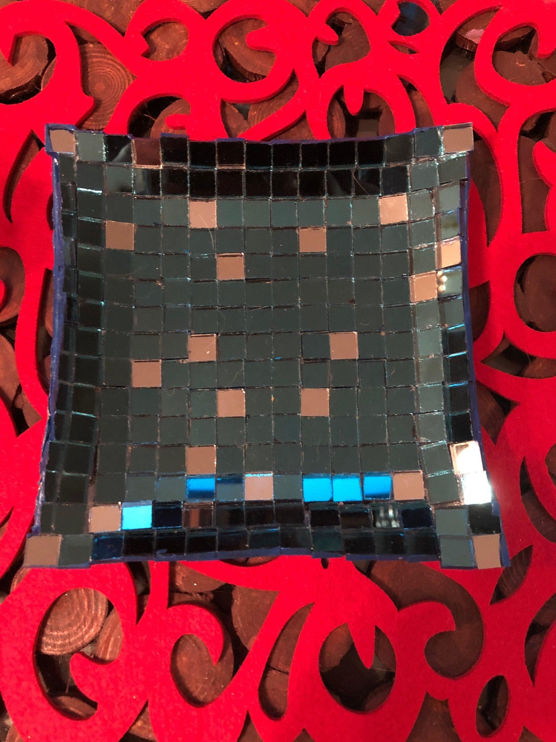 Handcrafted mosaic mirror glass dish with colorful geometric patterns, perfect for home decor or display.