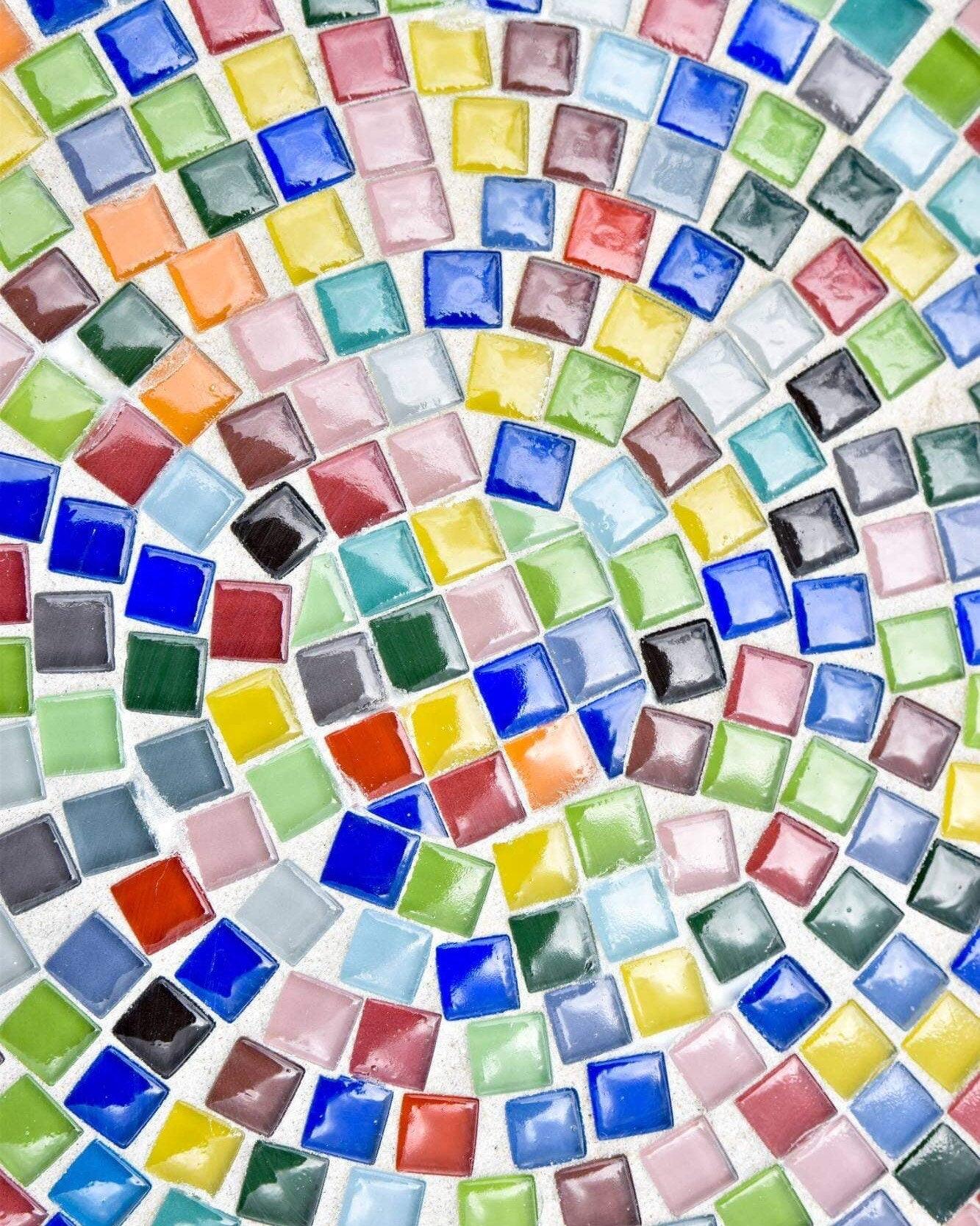 Colorful handcrafted rainbow mosaic decorative plate with intricate tile pattern, perfect for wall display or table decor.