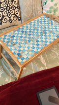 Luxury bamboo bed tray with mosaic inlay, featuring a sleek design and sturdy handles for breakfast or serving.