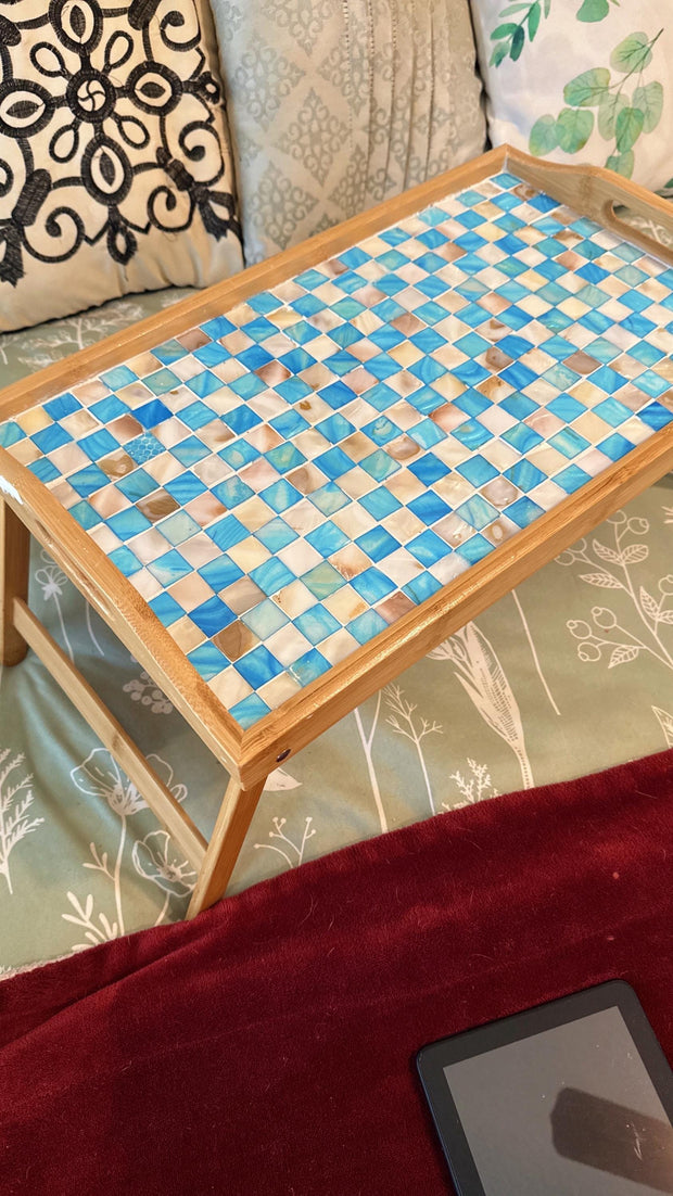 Turquoise Mother of Pearl Mosaic Wooden Bed Tray