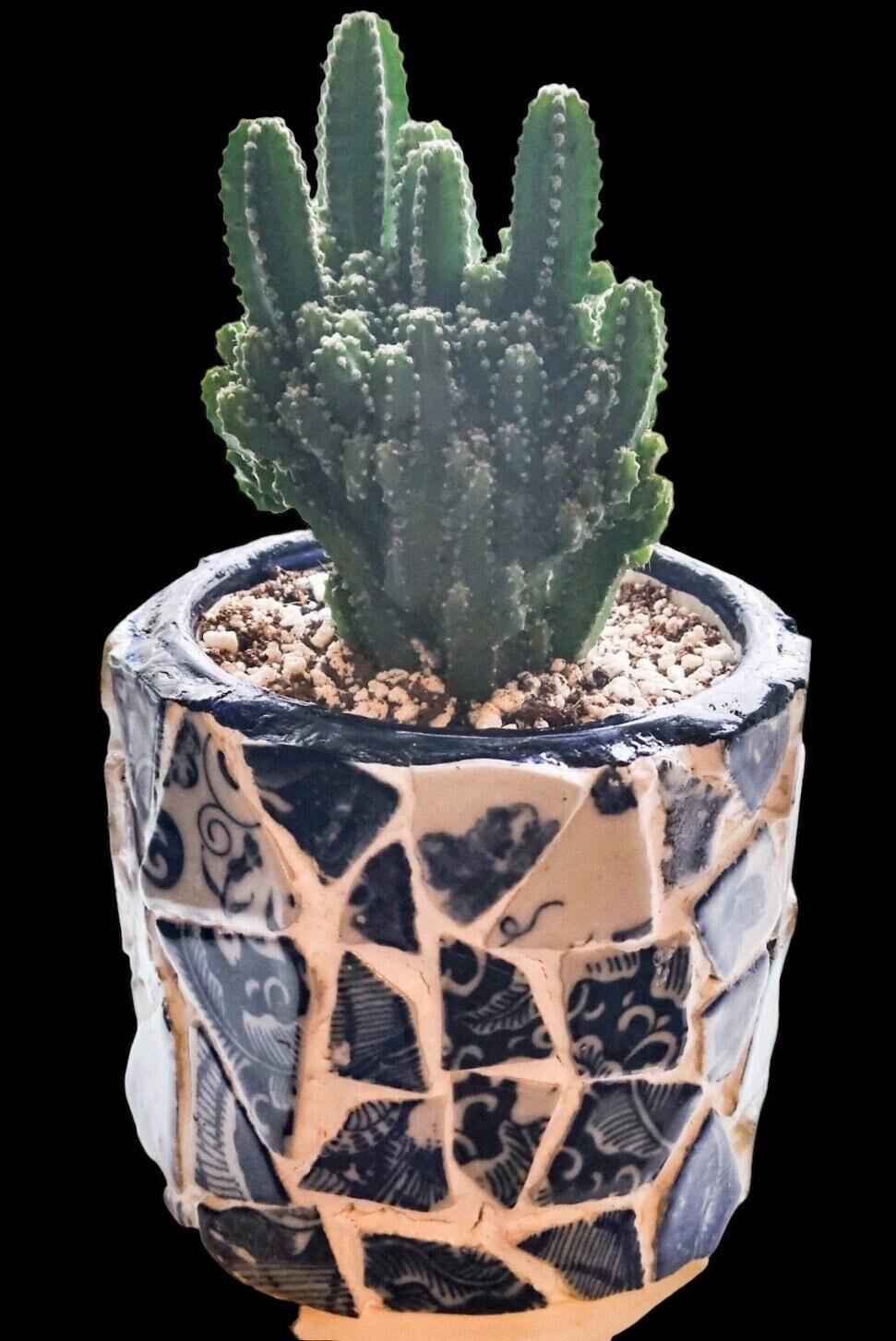 White broken china mosaic planter with intricate mosaic pattern, ideal for indoor or outdoor plant decoration.