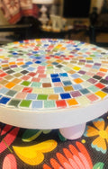 White rainbow mosaic plant stand with handcrafted design, featuring colorful mosaic patterns on a sturdy base.