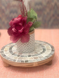Handcrafted wooden mosaic plant stand with colorful tile accents, sturdy design, perfect for indoor or outdoor plants.